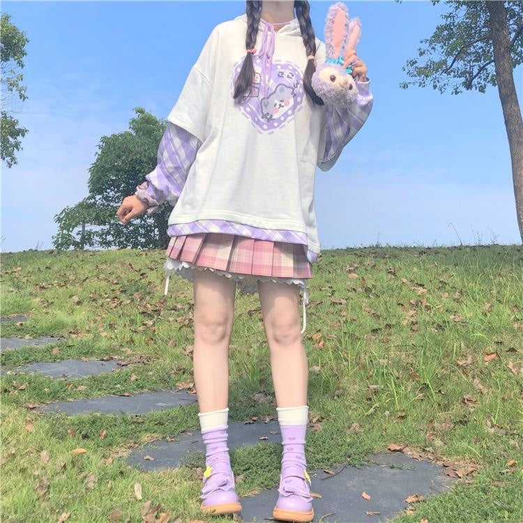 Plaid Kitten Hoodie - deers, fairy kei, hooded, hoodies, kawaii