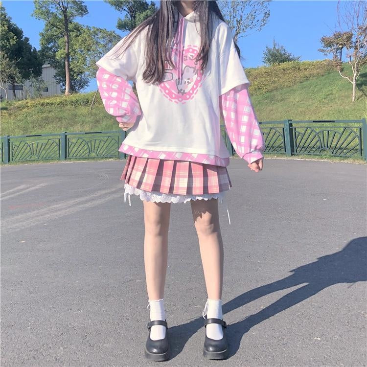 Plaid Kitten Hoodie - deers, fairy kei, hooded, hoodies, kawaii