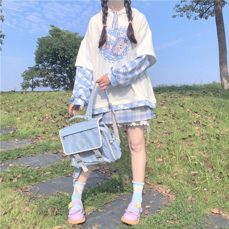 Plaid Kitten Hoodie - deers, fairy kei, hooded, hoodies, kawaii
