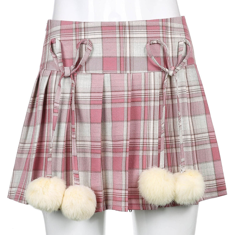Plaid Pompom Tennis Skirt - fairy kei, harajuku, lolita skirt, pastel plaid skirt