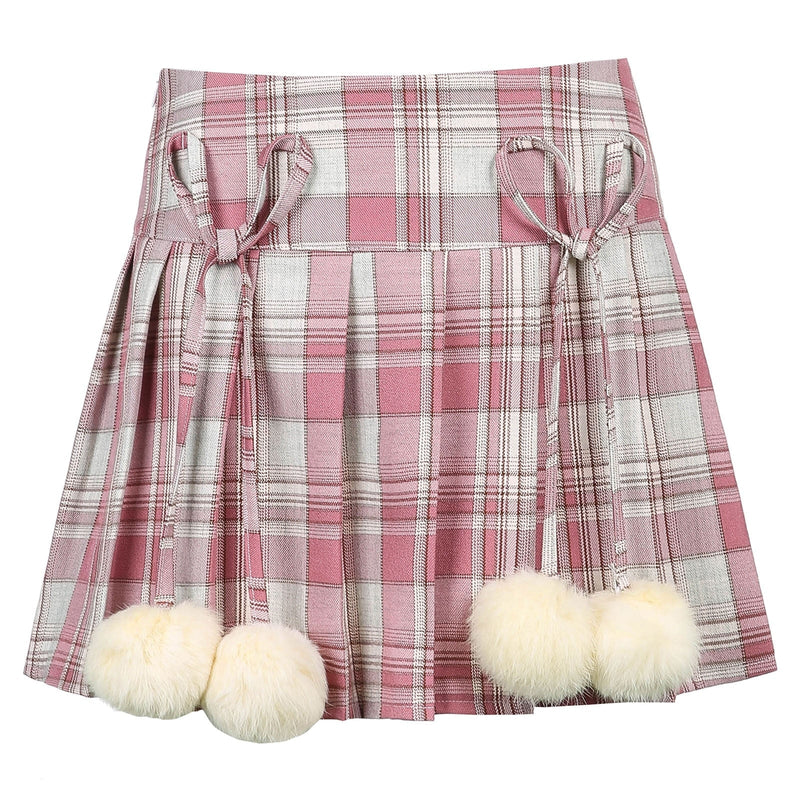 Plaid Pompom Tennis Skirt - fairy kei, harajuku, lolita skirt, pastel plaid skirt