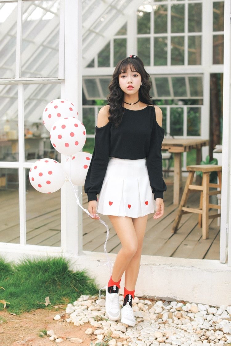 White Pleated Heart Tennis Skirt Embroidered Harajuku Kawaii Fashion 