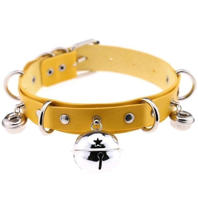 Yellow Cat Collar Bell Choker Necklace Pet Play Kitten Play Kitty Neko Cosplay Costume Jewelry Vegan Leather