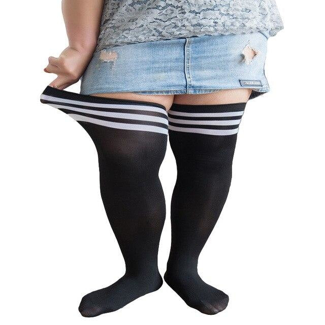 Plus Size School Girl Stockings - School Girl Style (White Stripes) - socks