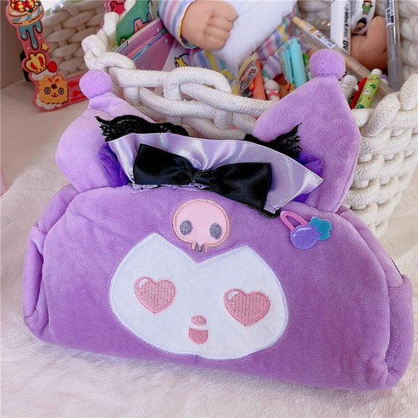 Plush Kuromi Bag - Purple - bags, cosmetic bag, fuzzy kawaii, kuromi