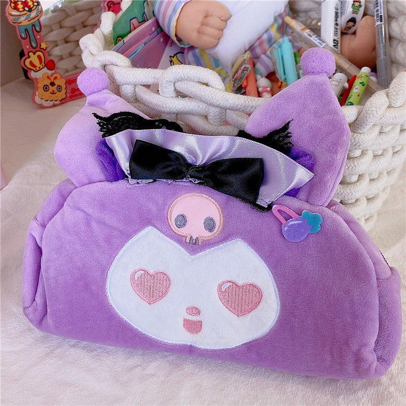 1pc Purple Checkered Plush Large Cosmetic Bag With Cute Fluffy