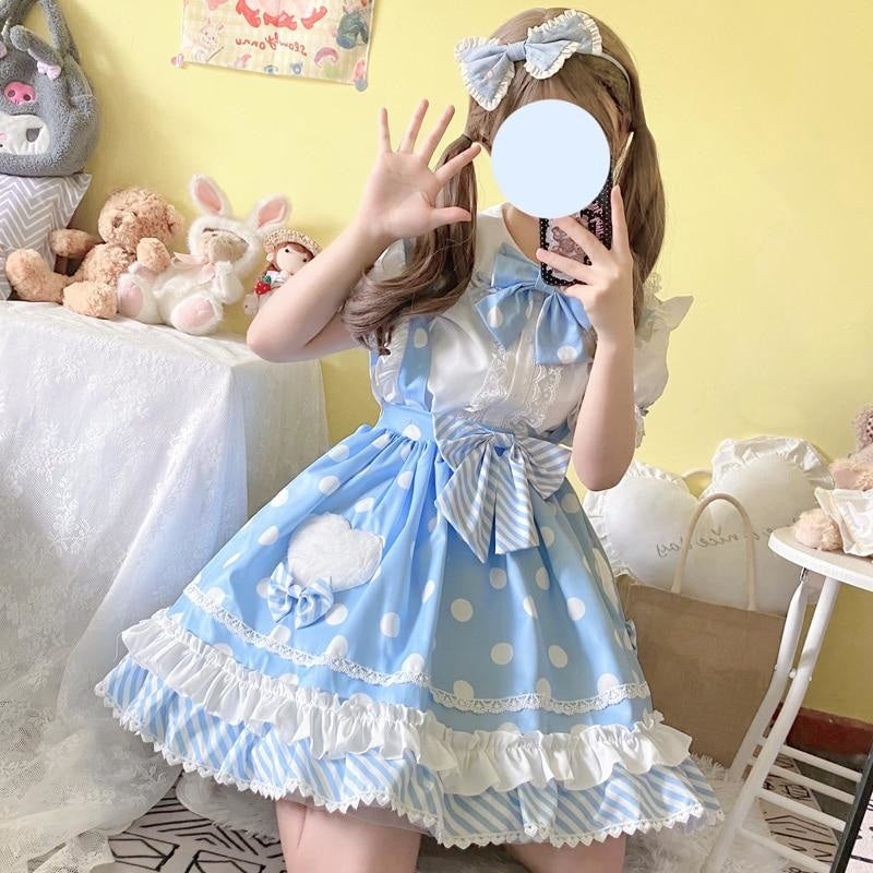 Polkadot Princess Suspender Skirt - Blue / M - bottoms, cute, dress, fairy kei, jsk