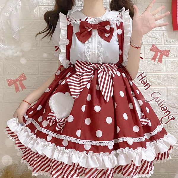 Polkadot Princess Suspender Skirt - Red / M - bottoms, cute, dress, fairy kei, jsk