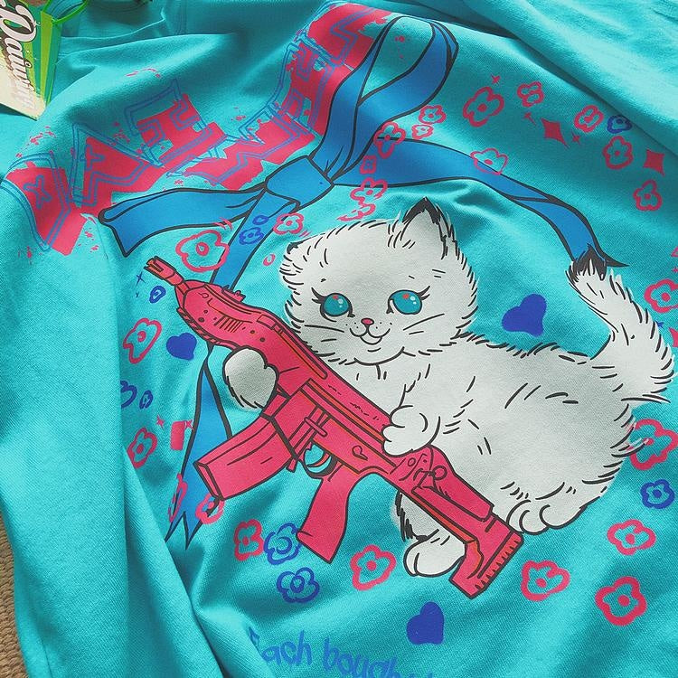 Pretty Military Kitten Tee - Blue / M - aristocat, aristocats, cats, gun, guns