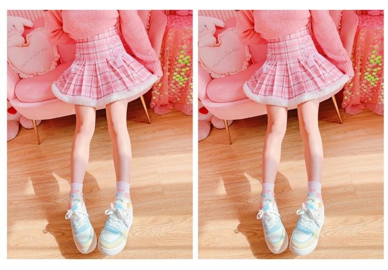 Kawaii Babe Blue Plaid Fur Trimmed Cute Skirt Pleated Harajuku | DDLG Playground Pink / M