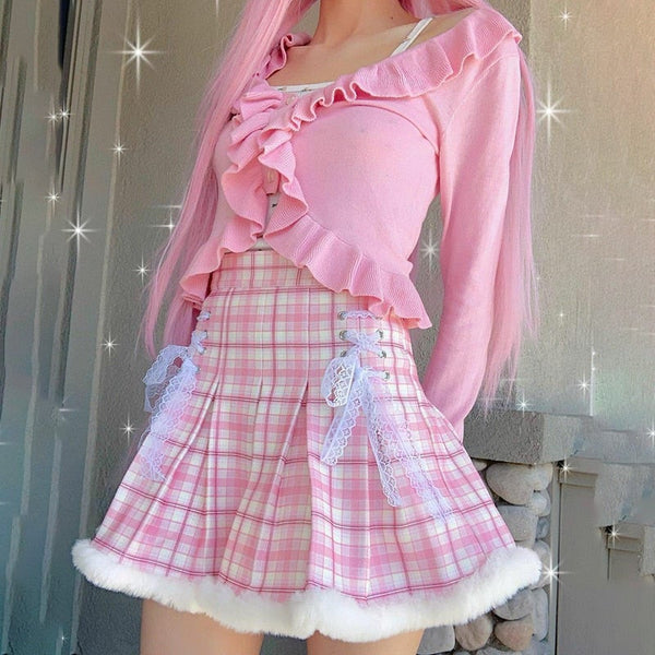 Princess Pink Plaid Fur Lined Skirt