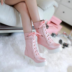 Chunky Lace Trim Platform Boots Lolita Ankle Booties | DDLG Playground