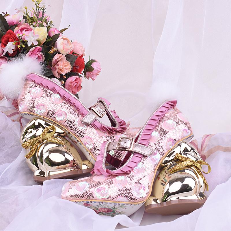 pink sequin 3D gold bunny high heels pumps luxury lolita fashion elegant regal golden rabbit designer shoe buckled pom pom bunny tail harajuku japan street fashion by kawaii babe
