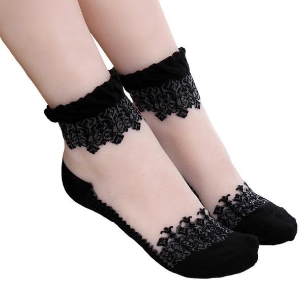 see-through invisible ankle socks clear fabric black lace dainty elegant lolita mori girl larme harajuku japan fashion by kawaii babe