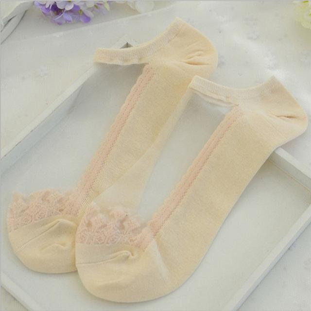 see-through invisible ankle socks clear fabric cream lace dainty elegant lolita mori girl larme harajuku japan fashion by kawaii babe