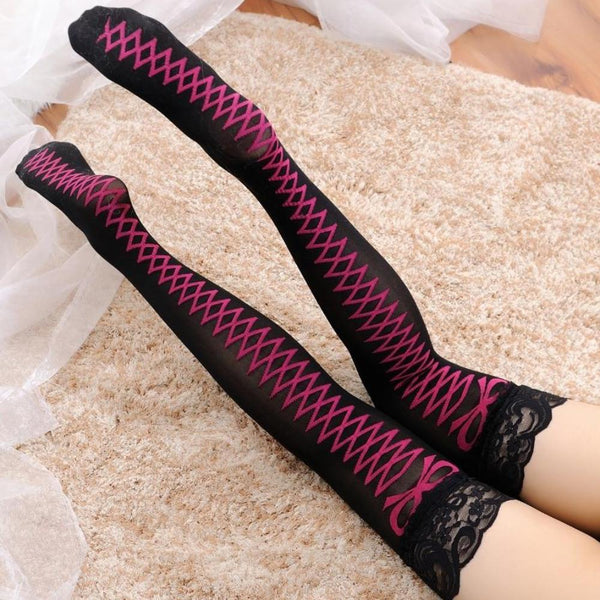 Black Pink Corset Lace Stockings Thigh High Socks Sexy Seductive Fetish Kink