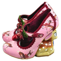 pink 3d cherry deer high heels platform shoes lolita style 1970s vintage kitsch retro cherries print irregular shaped heel disney bambi baby fawn harajuku japan street fashion by kawaii babe