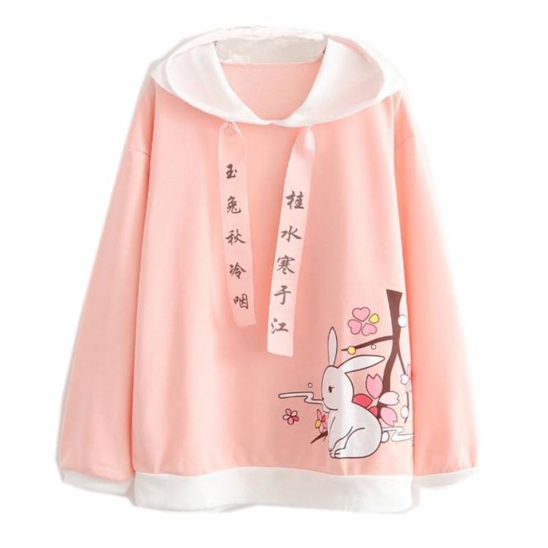 Pink Japanese Bunny Rabbit Hoodie Sweater Poncho Cape Harajuku Japan Kawaii Cherry Blossom Tree Branch Flowers