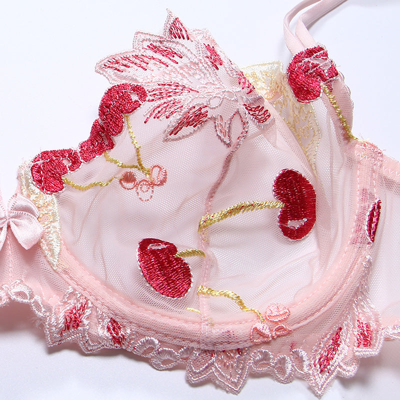 Pink Cherry Lingerie Set Bra & Panties Sexy Underwear Embroidered 
