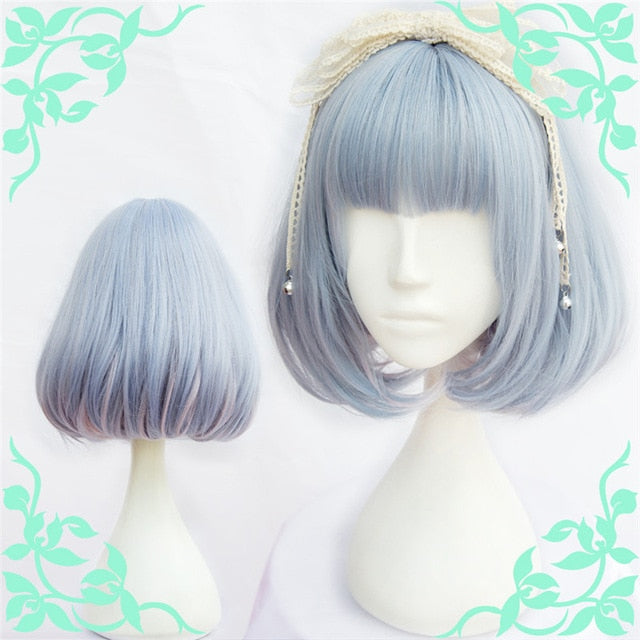 Short Blue Bob Ombre Medium Pastel Lolita Wig Blue Cosplay Harajuku Fashion Kanekalon Fibre 