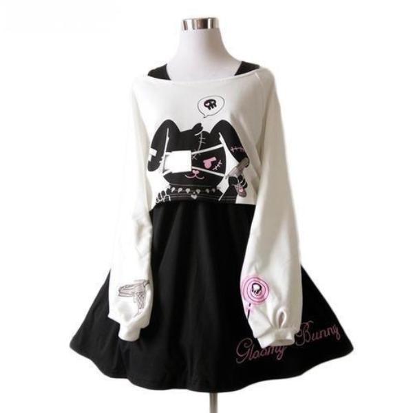 Goth Evil Bunny Long Sleeve Dress Winter Warm Cozy Gothic Kawaii Fashion by DDLG Playground
