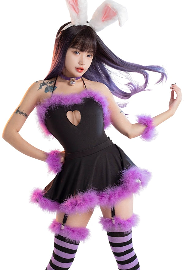 Purple Black Bunny Set - S - bunny outfit, set, lingerie petplay, z1