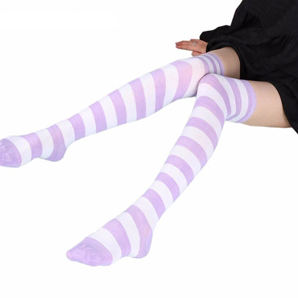 Purple Striped Thigh Highs - high socks, kinky, knee long stockings