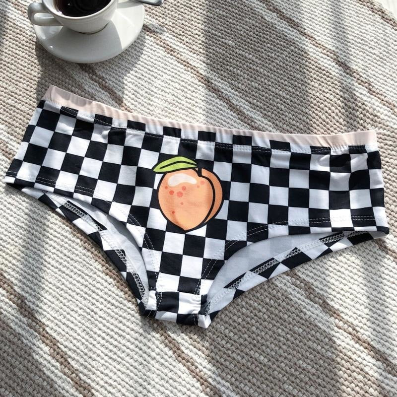 Racing Peach Panties - black and white, briefs, checkerboard, chess board, fruit
