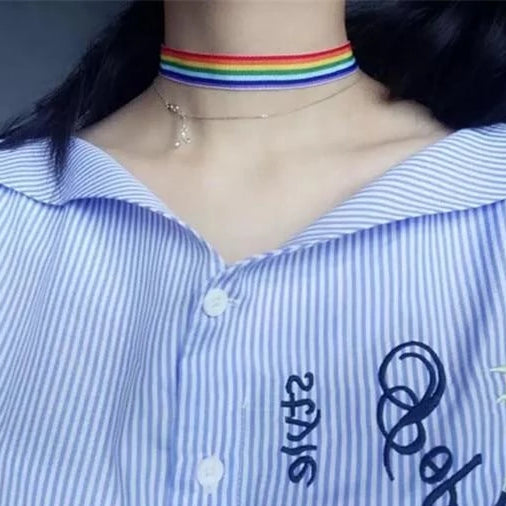 Rainbow Knit Fabric Choker Collar Necklace Jewelry LGBTQ Gay Pride Queer Trans 