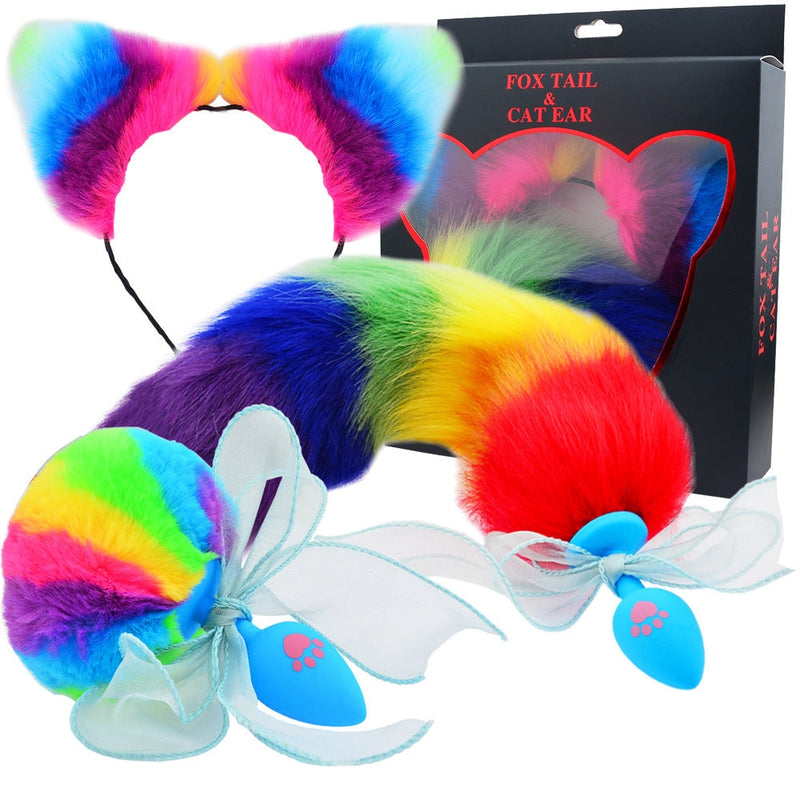 Rainbow Kitten Play & Plug Set - Blue Silicone - anal plug, kinky, pet play, player, plays