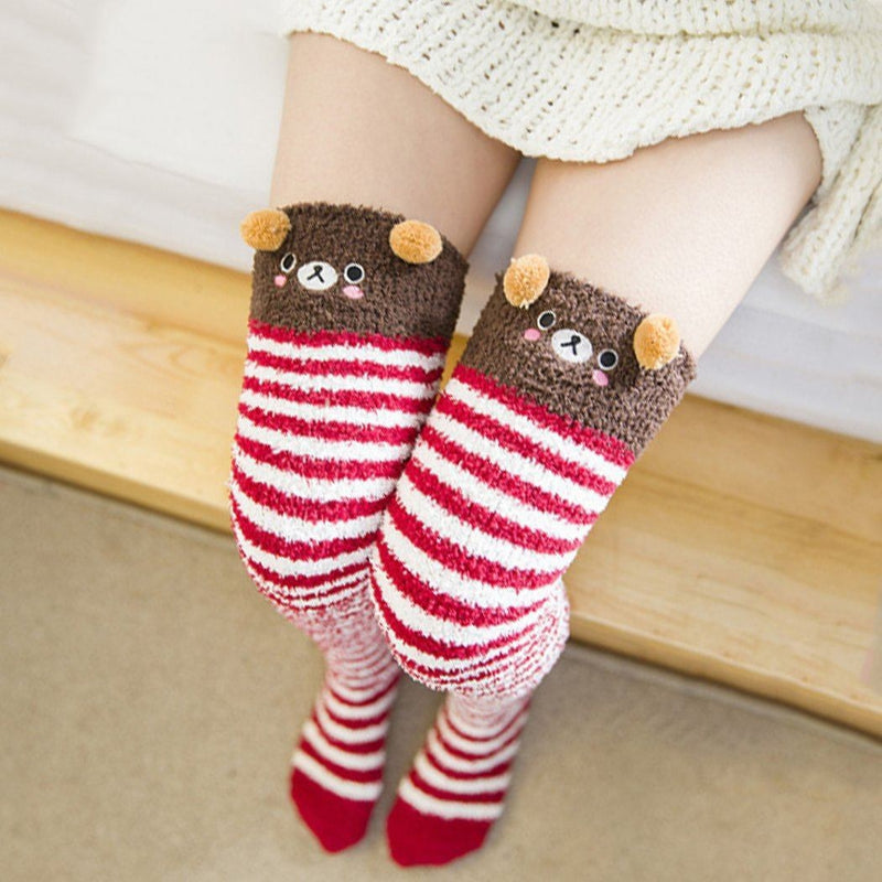 kawaii red teddy bear thigh high socks stockings knee socks tights furry fuzzy warm animal print striped winter wear