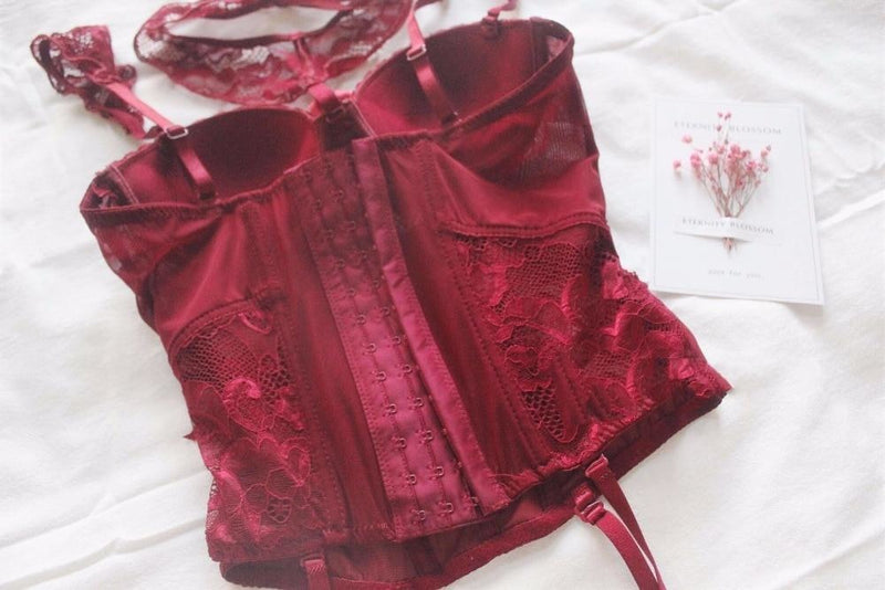 Regal Elegant Lace Maroon Red Lingerie Set Fetish Kink Intimate Underwear Brasier Bra