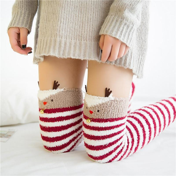 reindeer santa clause holiday thigh high socks stockings knee socks tights furry fuzzy warm animal print striped winter wear