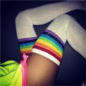 Glitter Rainbow Thigh Highs - White Rainbow Glitter - Socks