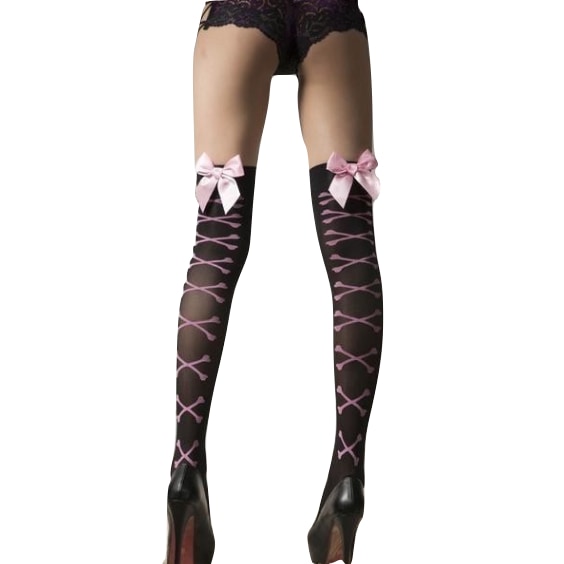 Sexy Corset Pink Ribbon Bow Stockings Knee High Socks Thigh Highs Black and Pink 