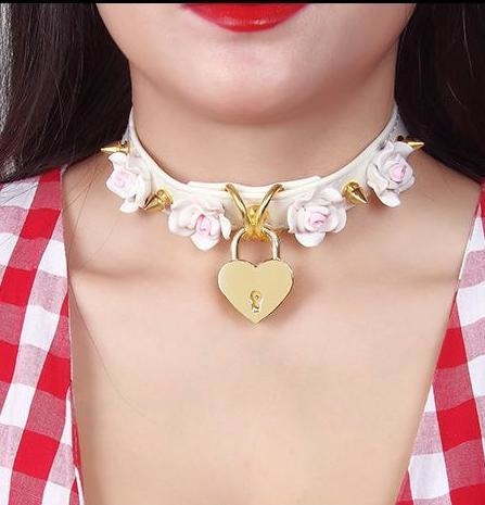 White Heart Rose Locket Choker Necklace Collar BDSM Kawaii Kink Fetish DD/LG MDLG CGL Little Space Vegan Leather Spikes by DDLG Playground