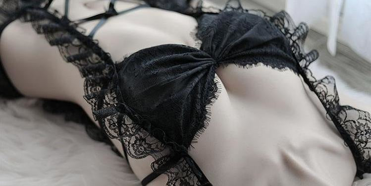 Sexy Black Lace Ruffled Corset Lingerie Set French Maid Sexy Costume Bra Panties Skirt Outfit 