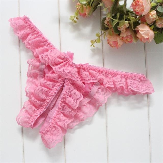 Pink Crotchless Panties Kinky Lace Ruffled Underwear Undies BDSM Lingerie Fetish by DDLG Playground