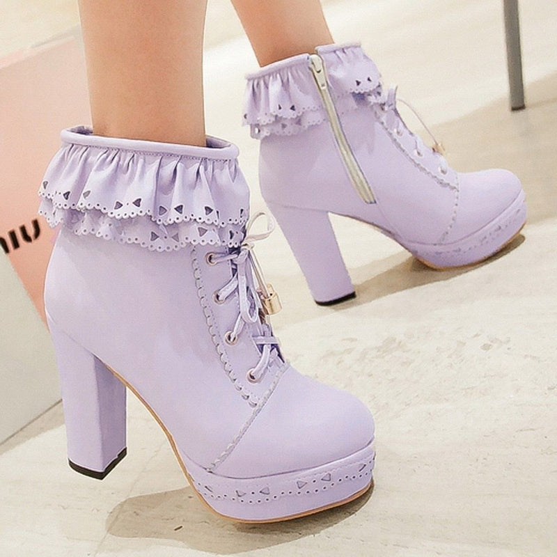 Ruffled Lace Lolita Booties - boots