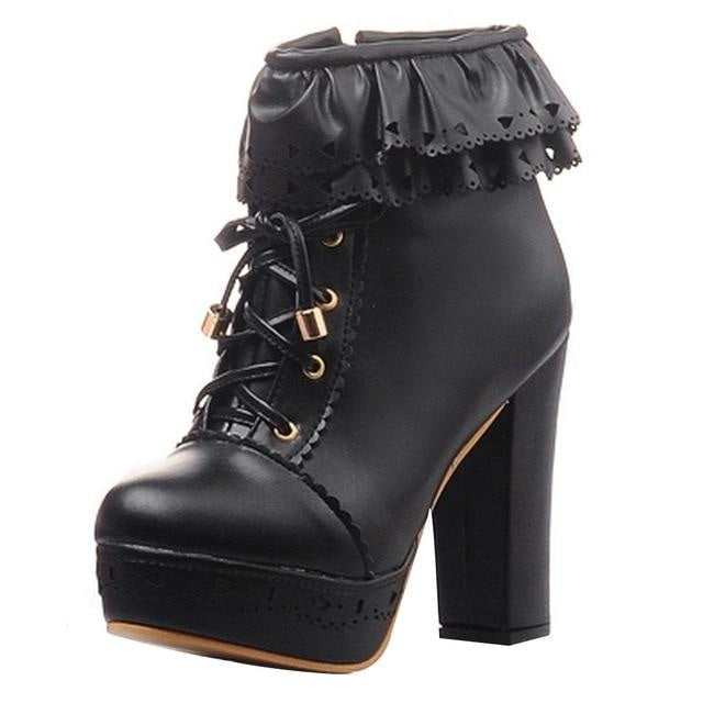 Ruffled Lace Lolita Booties - Black / 9.5 - boots