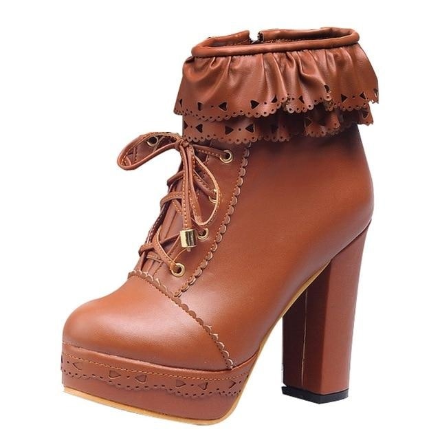 Ruffled Lace Lolita Booties - Brown / 10.5 - boots