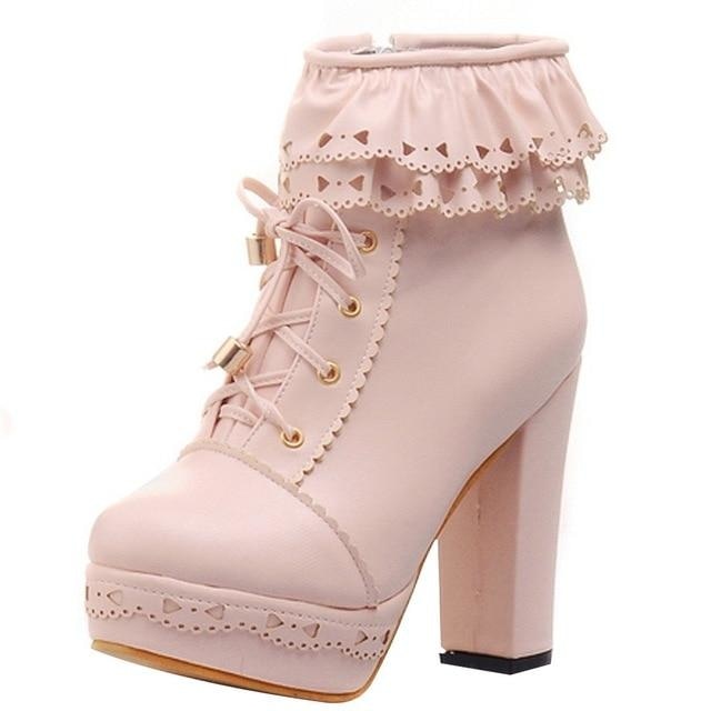 Ruffled Lace Lolita Booties - Pink / 6 - boots