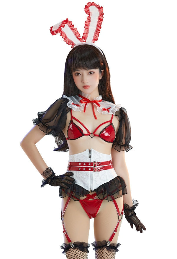 Ruffled Red Latex Harness Bunny Cosplay - bunny cosplay, costume, latex, latex fetish, rabbit