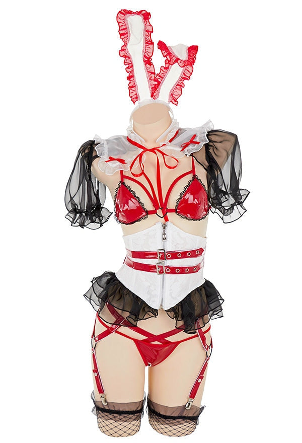 Ruffled Red Latex Harness Bunny Cosplay - S - bunny cosplay, costume, latex, latex fetish, rabbit