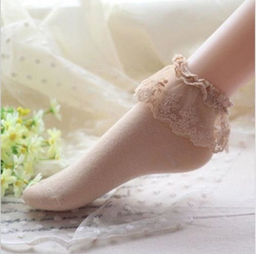Sweet Beige Nude Frilly Lace Ruffled Bow Ankle Socks Lolita Kawaii Fashion
