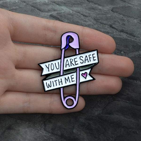 Purple You Are Safe With Me Enamel Pin Lapel Brooch Safety Pin Kawaii Little Space Age Play CGL