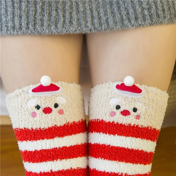 christmas santa clause holiday thigh high socks stockings knee socks tights furry fuzzy warm animal print striped winter wear