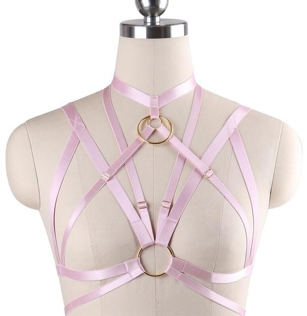 Light Pink Satin Bondage Harness Chest S&M BDSM Kink Fetish Luxury O Ring 