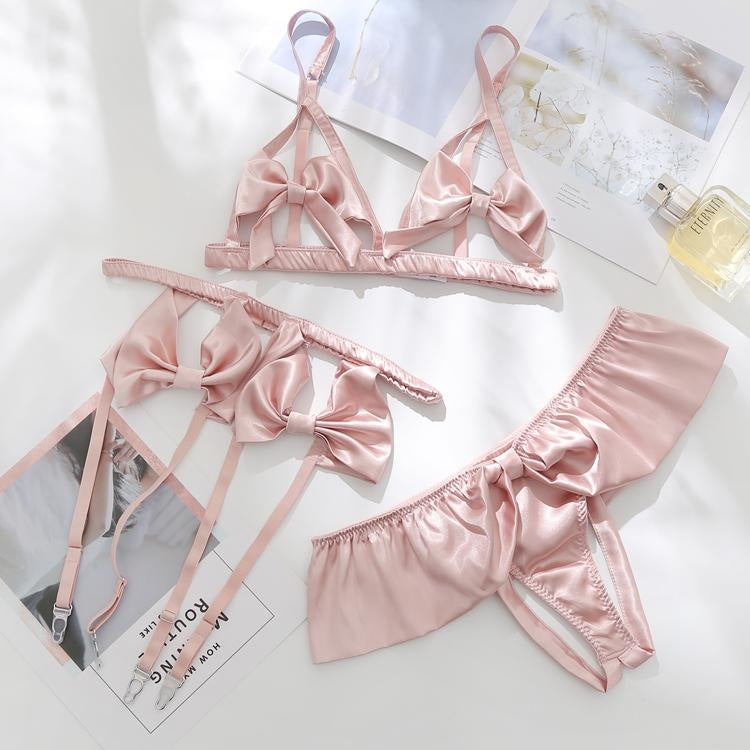 Satin Ribbon Lingerie Set - frilly, girly, girly girl, lingerie, pink
