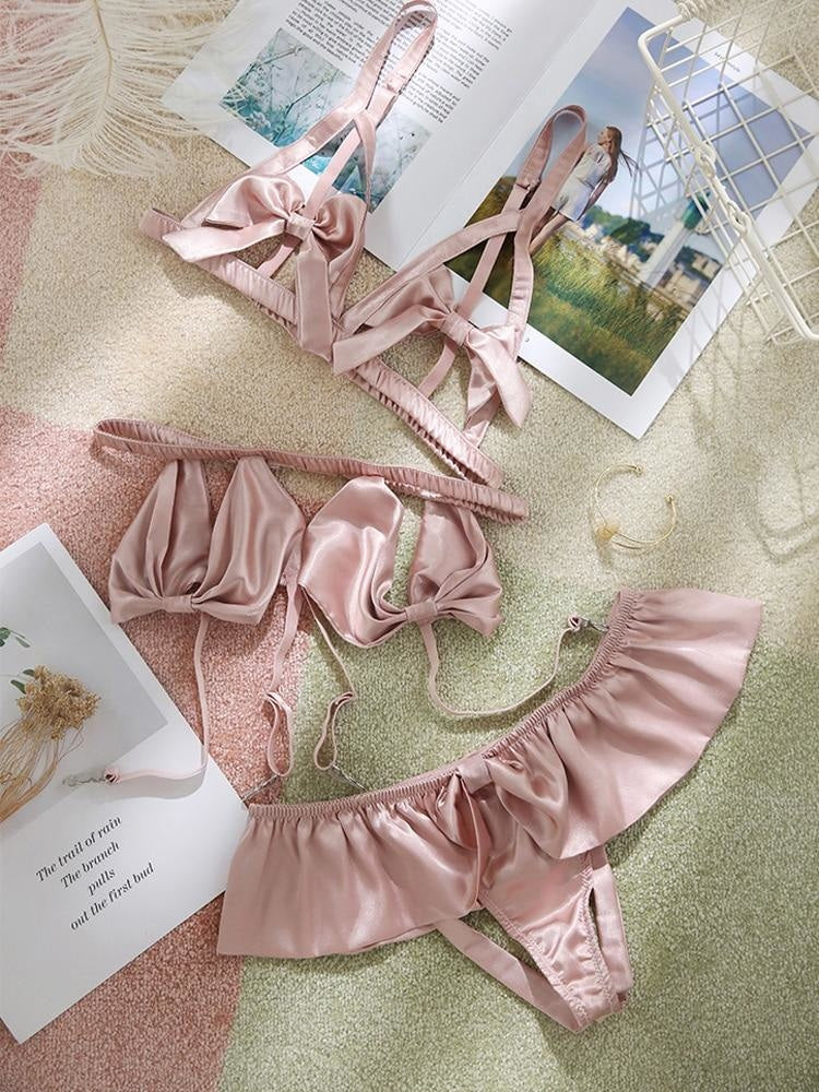 Satin Ribbon Lingerie Set - frilly, girly, girly girl, lingerie, pink